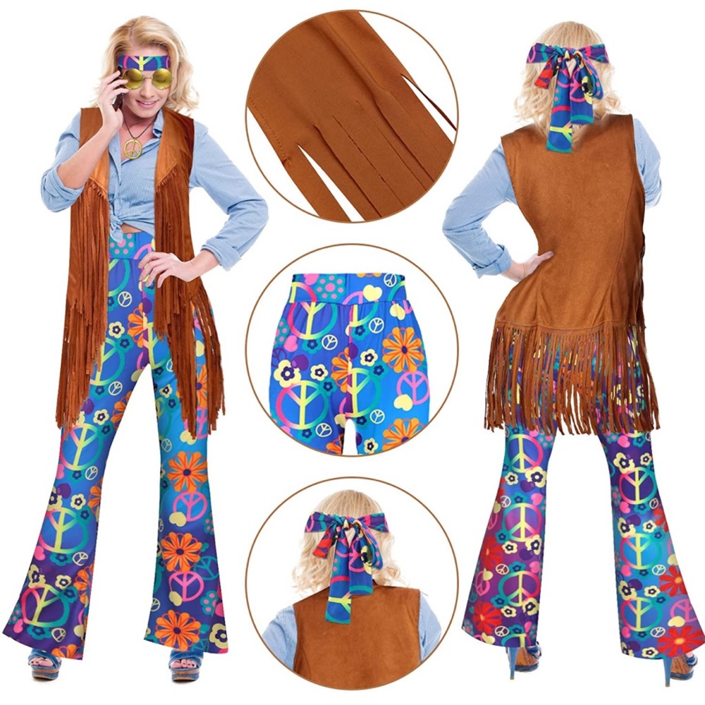 70s Outfits Costume Boho Flared Pants Fringe Vest Tassel Peace Sign Accessories